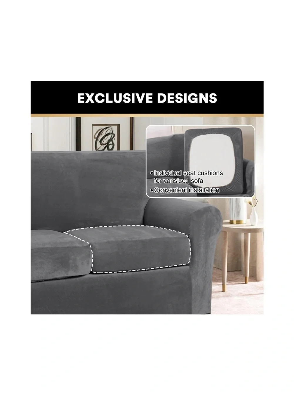 Modern Sofa Slipcover Pet-Friendly 3 Pc. Set SIZE LARGE 72-90” - GRAY VELVET